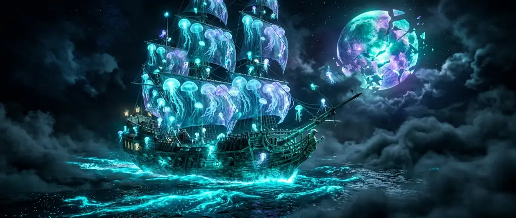 Ghostly galleon in cyan fog